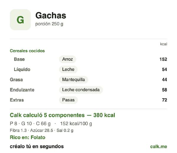 Tarjeta de Calk, versión más calórica de Avena cocida: 152 kcal por 100 g, proteínas/grasas/carbohidratos 8/23/69