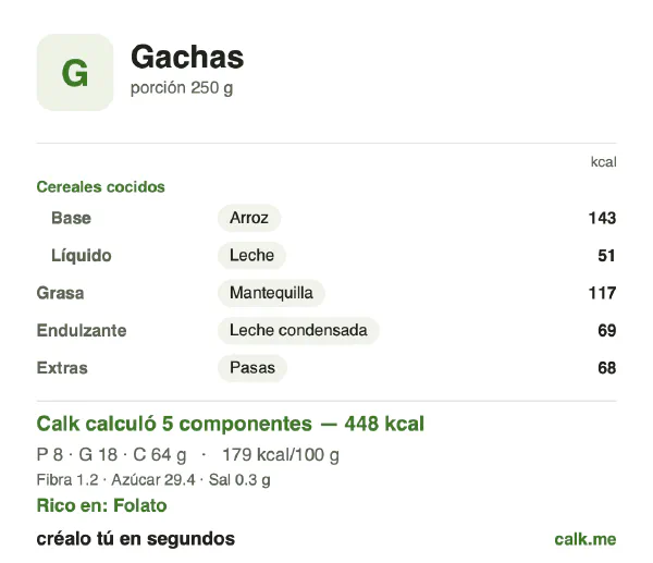 Tarjeta de Calk, versión más calórica de Avena cocida: 179 kcal por 100 g, proteínas/grasas/carbohidratos 7/36/57