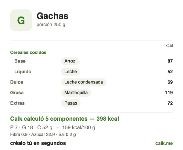 Tarjeta de Calk, versión más calórica de Avena cocida: 159 kcal por 100 g, proteínas/grasas/carbohidratos 7/41/53