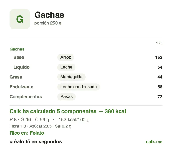 Ficha de Calk, versión más calórica de Gachas: 152 kcal por 100 g, proteínas/grasas/hidratos 8/23/69