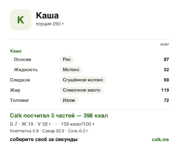 Карточка «Каша» в Calk — более калорийный вариант: 159 ккал на 100 г, белки/жиры/углеводы 7/41/53