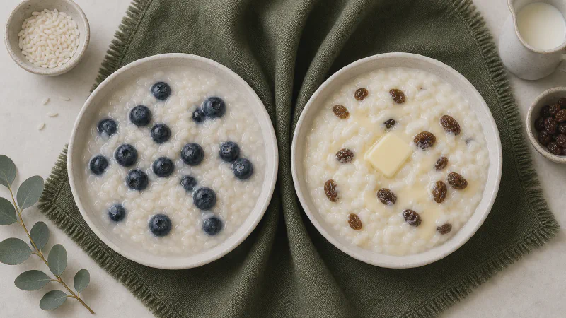 Rice porridge: lower- and higher-calorie Calk versions side by side