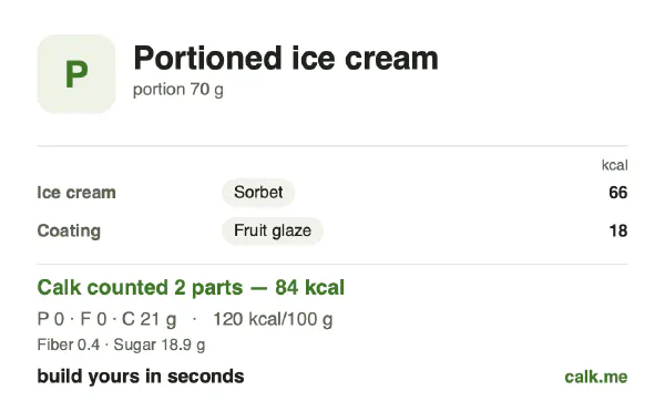 Lower calorie Calk card for Portioned ice cream: 120 kcal per 100 g, protein/fat/carbs 0/0/100