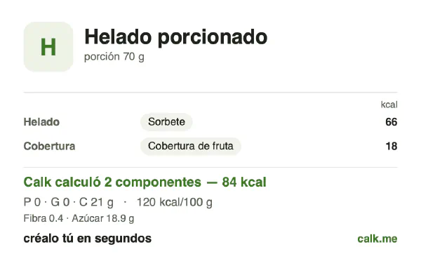 Tarjeta de Calk, versión menos calórica de Helado porcionado: 120 kcal por 100 g, proteínas/grasas/carbohidratos 0/0/100