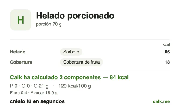 Ficha de Calk, versión menos calórica de Helado porcionado: 120 kcal por 100 g, proteínas/grasas/hidratos 0/0/100