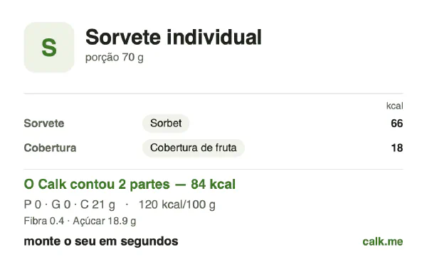 Cartão do Calk para a versão menos calórica de Sorvete individual: 120 kcal por 100 g, proteína/gordura/carboidratos 0/0/100