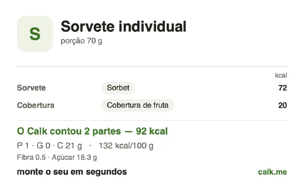 Cartão do Calk para a versão menos calórica de Sorvete individual: 132 kcal por 100 g, proteína/gordura/carboidratos 2/4/93