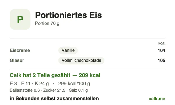 Calk-Karte für die kalorienreichere Variante von Einzelportion Eis: 299 kcal pro 100 g, Eiweiß/Fett/Kohlenhydrate 6/49/45