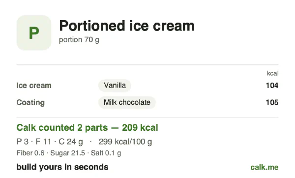Higher calorie Calk card for Portioned ice cream: 299 kcal per 100 g, protein/fat/carbs 6/49/45
