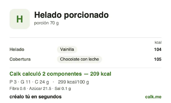 Tarjeta de Calk, versión más calórica de Helado porcionado: 299 kcal por 100 g, proteínas/grasas/carbohidratos 6/49/45