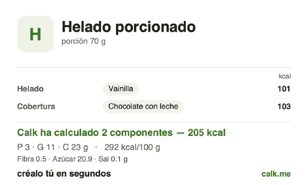 Ficha de Calk, versión más calórica de Helado porcionado: 292 kcal por 100 g, proteínas/grasas/hidratos 6/48/45