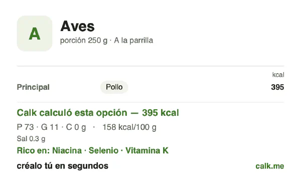 Tarjeta de Calk, versión menos calórica de Aves: 158 kcal por 100 g, proteínas/grasas/carbohidratos 74/26/0