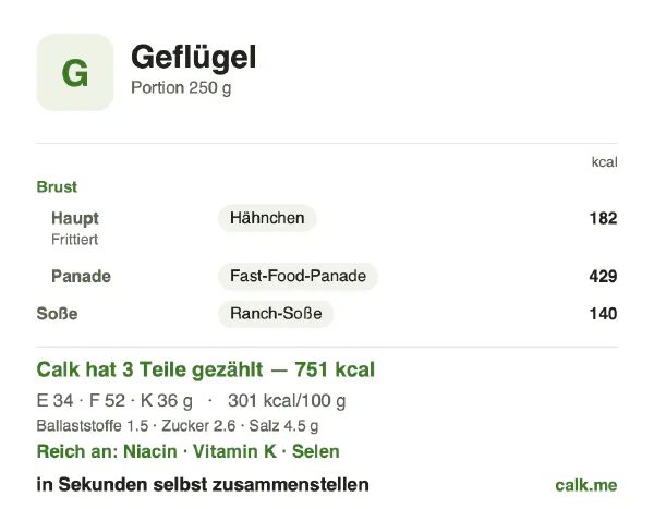 Calk-Karte für die kalorienreichere Variante von Geflügel: 301 kcal pro 100 g, Eiweiß/Fett/Kohlenhydrate 18/63/19