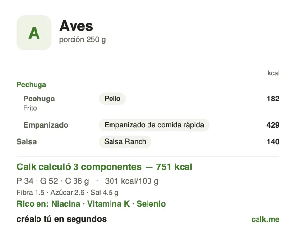 Tarjeta de Calk, versión más calórica de Aves: 301 kcal por 100 g, proteínas/grasas/carbohidratos 18/63/19