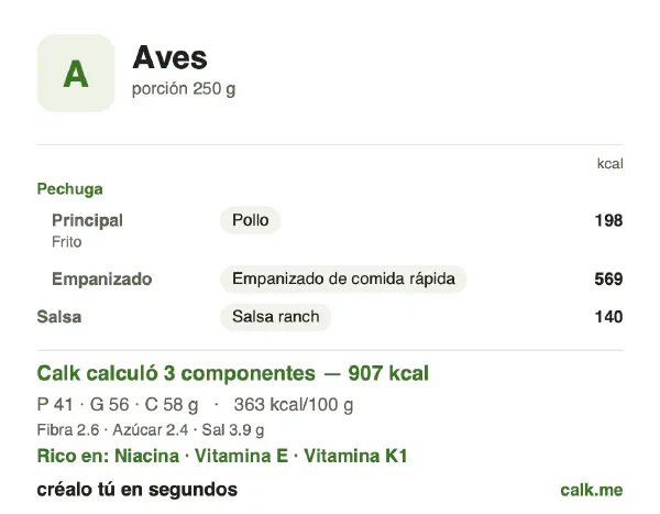 Tarjeta de Calk, versión más calórica de Aves: 363 kcal por 100 g, proteínas/grasas/carbohidratos 18/56/26