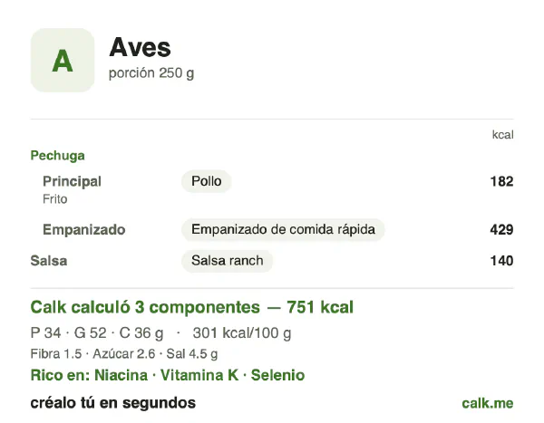 Tarjeta de Calk, versión más calórica de Aves: 301 kcal por 100 g, proteínas/grasas/carbohidratos 18/63/19