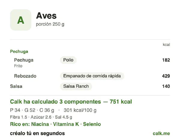 Ficha de Calk, versión más calórica de Aves: 301 kcal por 100 g, proteínas/grasas/hidratos 18/63/19