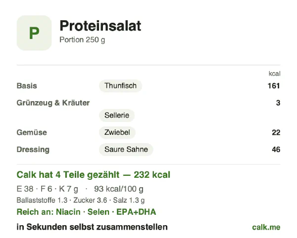 Calk-Karte für die kalorienärmere Variante von Proteinsalat: 93 kcal pro 100 g, Eiweiß/Fett/Kohlenhydrate 65/23/12