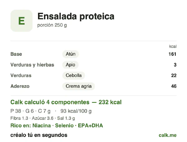 Tarjeta de Calk, versión menos calórica de Ensalada proteica: 93 kcal por 100 g, proteínas/grasas/carbohidratos 65/23/12
