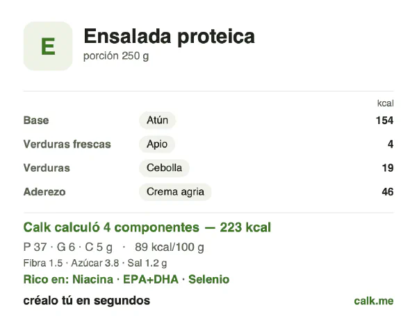 Tarjeta de Calk, versión menos calórica de Ensalada proteica: 89 kcal por 100 g, proteínas/grasas/carbohidratos 67/24/8