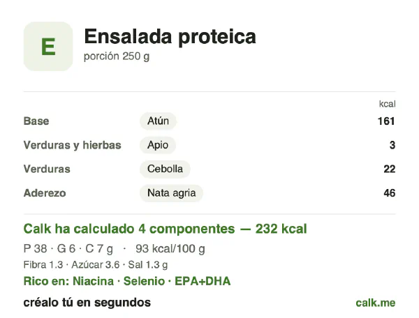 Ficha de Calk, versión menos calórica de Ensalada proteica: 93 kcal por 100 g, proteínas/grasas/hidratos 65/23/12