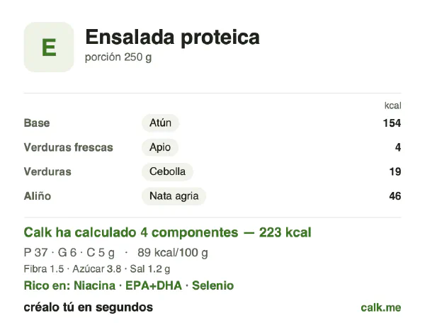 Ficha de Calk, versión menos calórica de Ensalada proteica: 89 kcal por 100 g, proteínas/grasas/hidratos 67/24/8
