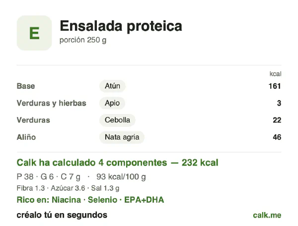 Ficha de Calk, versión menos calórica de Ensalada proteica: 93 kcal por 100 g, proteínas/grasas/hidratos 65/23/12