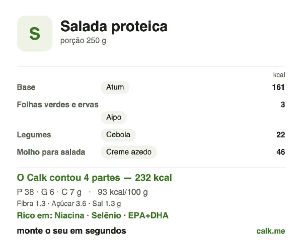 Cartão do Calk para a versão menos calórica de Salada proteica: 93 kcal por 100 g, proteína/gordura/carboidratos 65/23/12