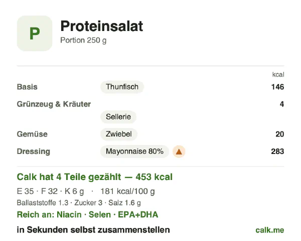 Calk-Karte für die kalorienreichere Variante von Proteinsalat: 181 kcal pro 100 g, Eiweiß/Fett/Kohlenhydrate 30/64/5