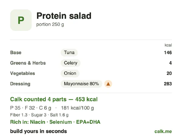 Higher calorie Calk card for Protein salad: 181 kcal per 100 g, protein/fat/carbs 30/64/5
