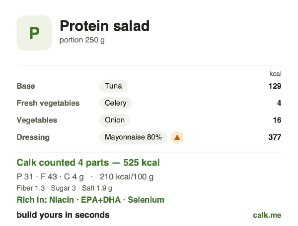 Higher calorie Calk card for Protein salad: 210 kcal per 100 g, protein/fat/carbs 24/74/3