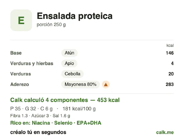 Tarjeta de Calk, versión más calórica de Ensalada proteica: 181 kcal por 100 g, proteínas/grasas/carbohidratos 30/64/5