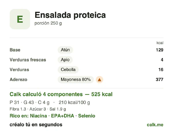 Tarjeta de Calk, versión más calórica de Ensalada proteica: 210 kcal por 100 g, proteínas/grasas/carbohidratos 24/74/3