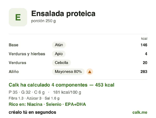 Ficha de Calk, versión más calórica de Ensalada proteica: 181 kcal por 100 g, proteínas/grasas/hidratos 30/64/5