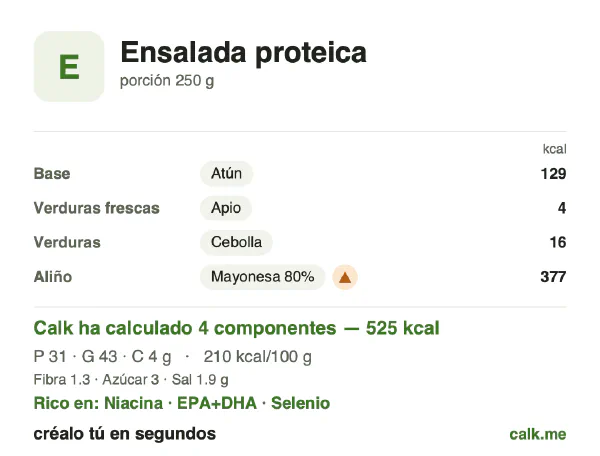 Ficha de Calk, versión más calórica de Ensalada proteica: 210 kcal por 100 g, proteínas/grasas/hidratos 24/74/3