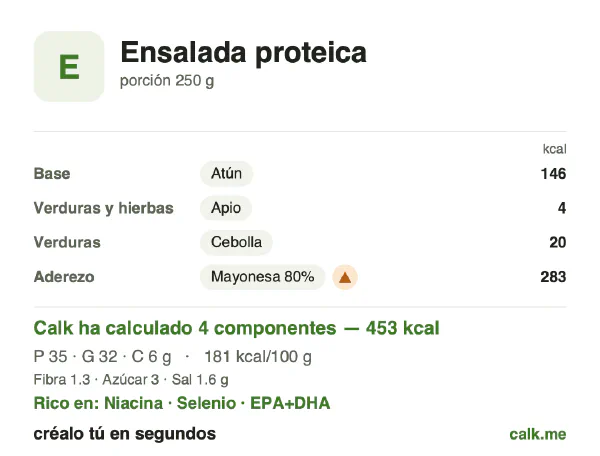 Ficha de Calk, versión más calórica de Ensalada proteica: 181 kcal por 100 g, proteínas/grasas/hidratos 30/64/5