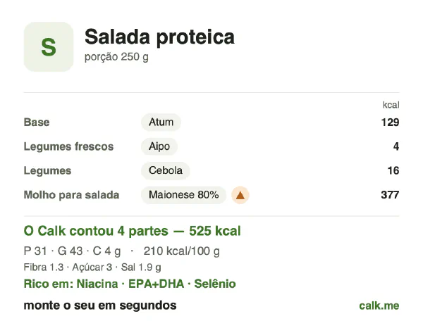 Cartão do Calk para a versão mais calórica de Salada proteica: 210 kcal por 100 g, proteína/gordura/carboidratos 24/74/3