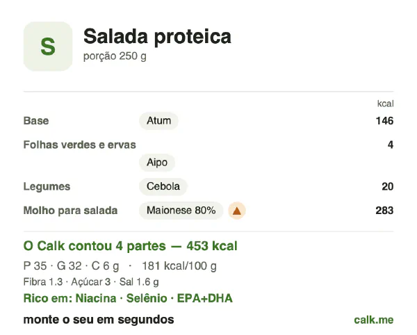 Cartão do Calk para a versão mais calórica de Salada proteica: 181 kcal por 100 g, proteína/gordura/carboidratos 30/64/5
