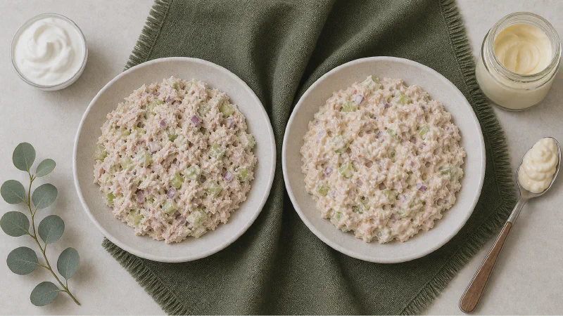 Tuna salad: lower- and higher-calorie Calk versions side by side