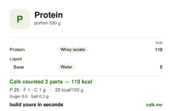 Lower calorie Calk card for Protein: 33 kcal per 100 g, protein/fat/carbs 88/7/5