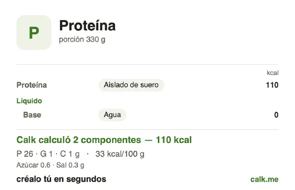 Tarjeta de Calk, versión menos calórica de Batido de proteína: 33 kcal por 100 g, proteínas/grasas/carbohidratos 88/7/5
