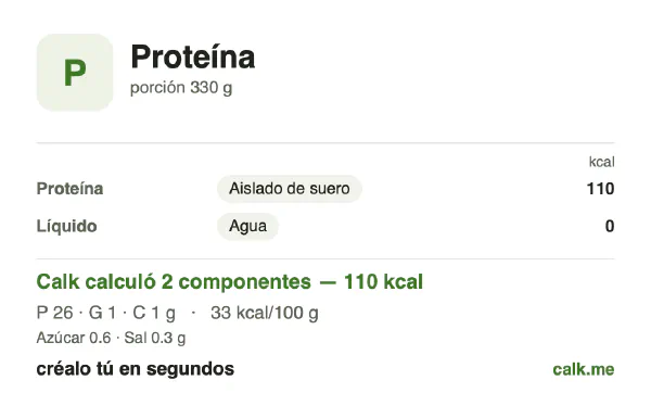Tarjeta de Calk, versión menos calórica de Batido de proteína: 33 kcal por 100 g, proteínas/grasas/carbohidratos 88/7/5