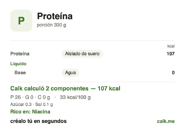 Tarjeta de Calk, versión menos calórica de Batido de proteína: 33 kcal por 100 g, proteínas/grasas/carbohidratos 96/3/1