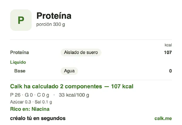 Ficha de Calk, versión menos calórica de Batido de proteína: 33 kcal por 100 g, proteínas/grasas/hidratos 96/3/1