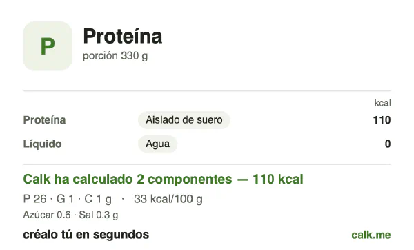 Ficha de Calk, versión menos calórica de Batido de proteína: 33 kcal por 100 g, proteínas/grasas/hidratos 88/7/5