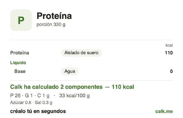 Ficha de Calk, versión menos calórica de Batido de proteína: 33 kcal por 100 g, proteínas/grasas/hidratos 88/7/5