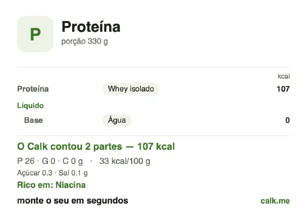 Cartão do Calk para a versão menos calórica de Shake proteico: 33 kcal por 100 g, proteína/gordura/carboidratos 96/3/1