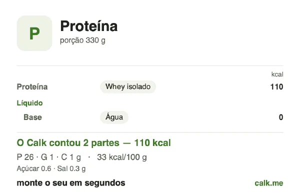 Cartão do Calk para a versão menos calórica de Shake proteico: 33 kcal por 100 g, proteína/gordura/carboidratos 88/7/5