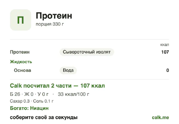Карточка «Протеиновый коктейль» в Calk — менее калорийный вариант: 33 ккал на 100 г, белки/жиры/углеводы 96/3/1
