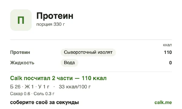 Карточка Calk, менее калорийный вариант Протеиновый коктейль: 33 ккал на 100 г, белки/жиры/углеводы 88/7/5
